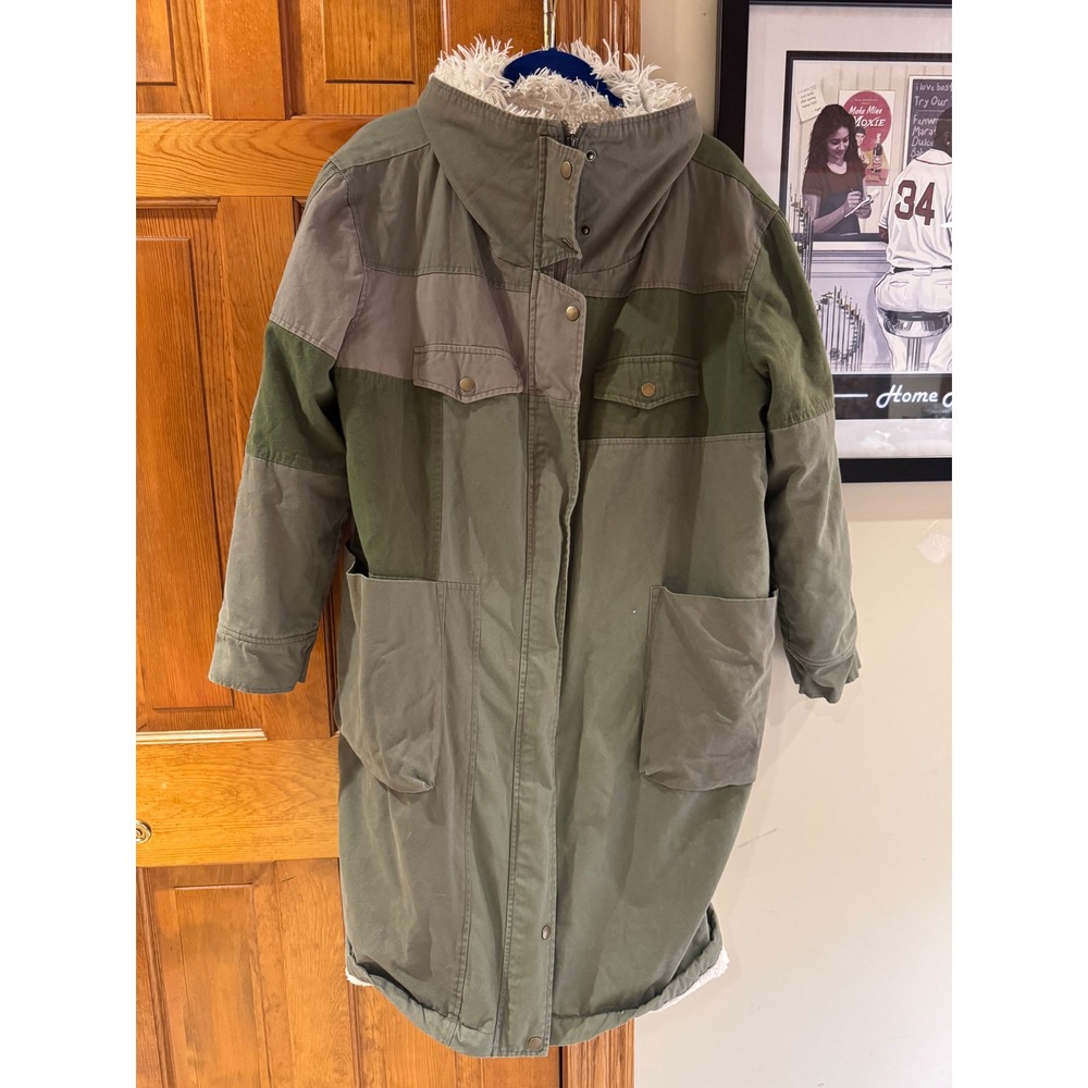 One Teaspoon Green Colorblock Patchwork Faux Shearling Lined Long Parka Coat S